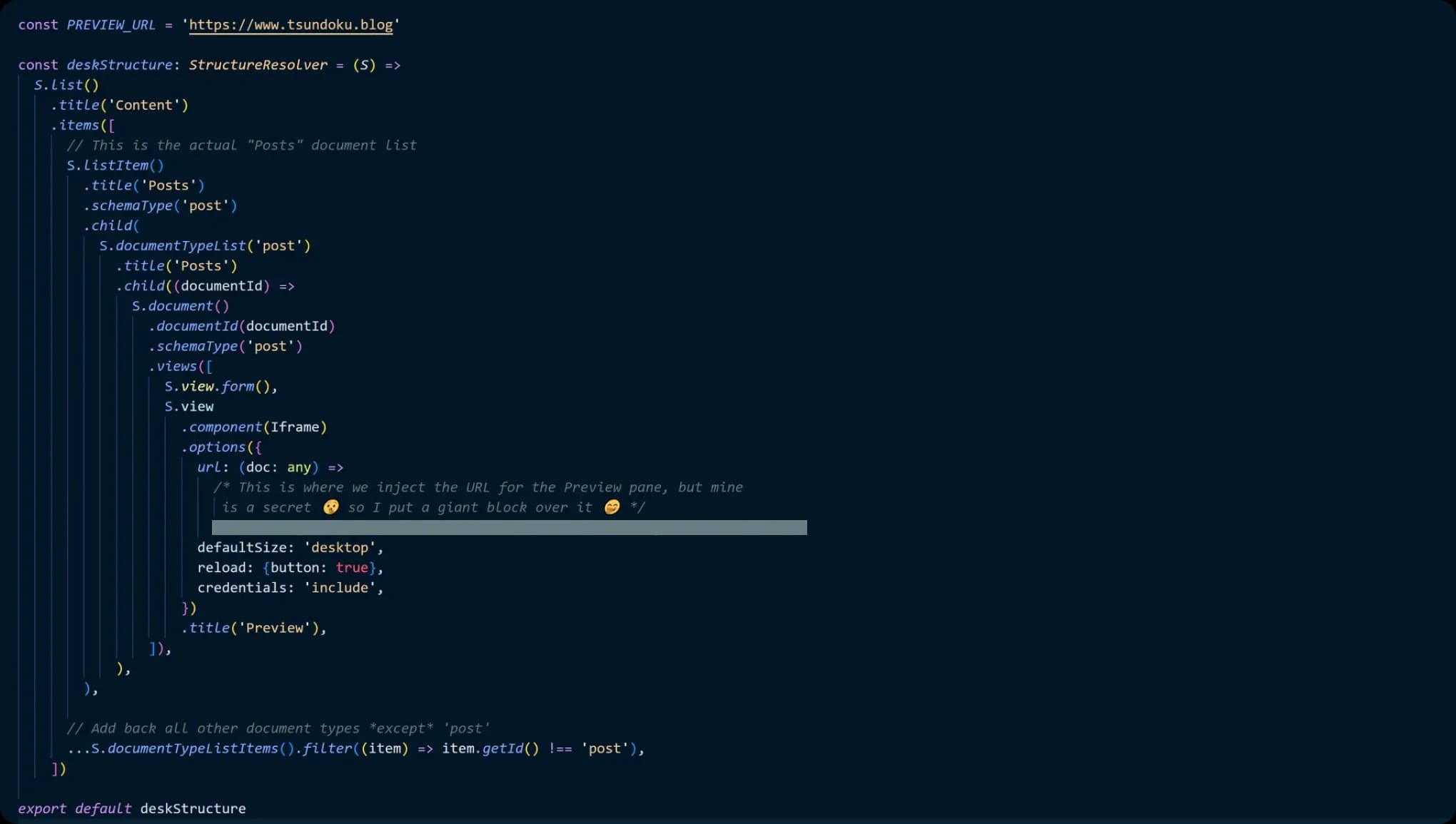 Sample of a "Structure" module to export into the sanity.config.ts in the root of the project.