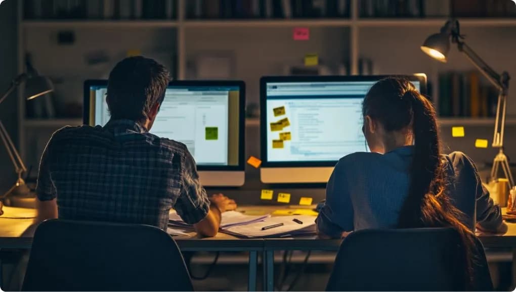 A man and woman working next to each other; same desk, but different computers.