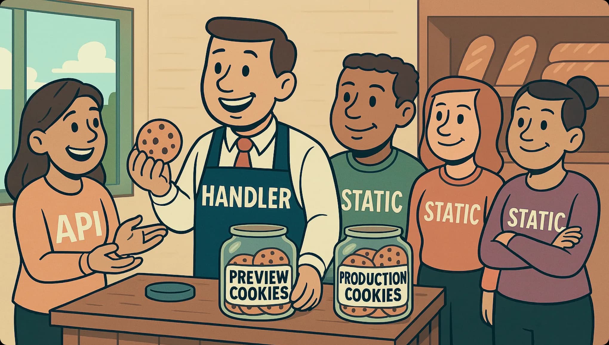 A cartoon illustration of a man giving a lady cookies, while everyone else in line gets different cookies.