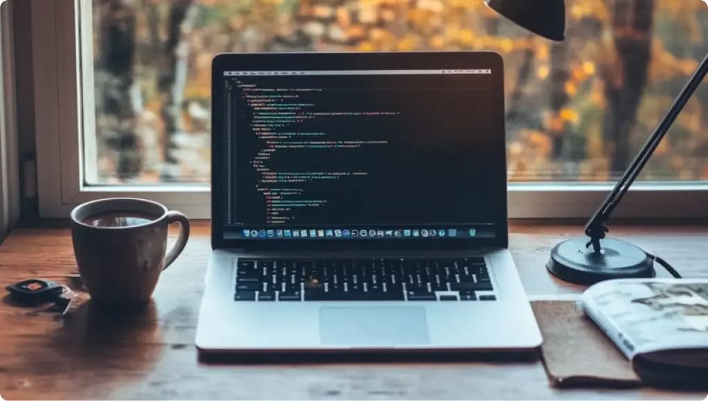 A cup of coffee and a computer sitting on a wooden desk in front of a window.