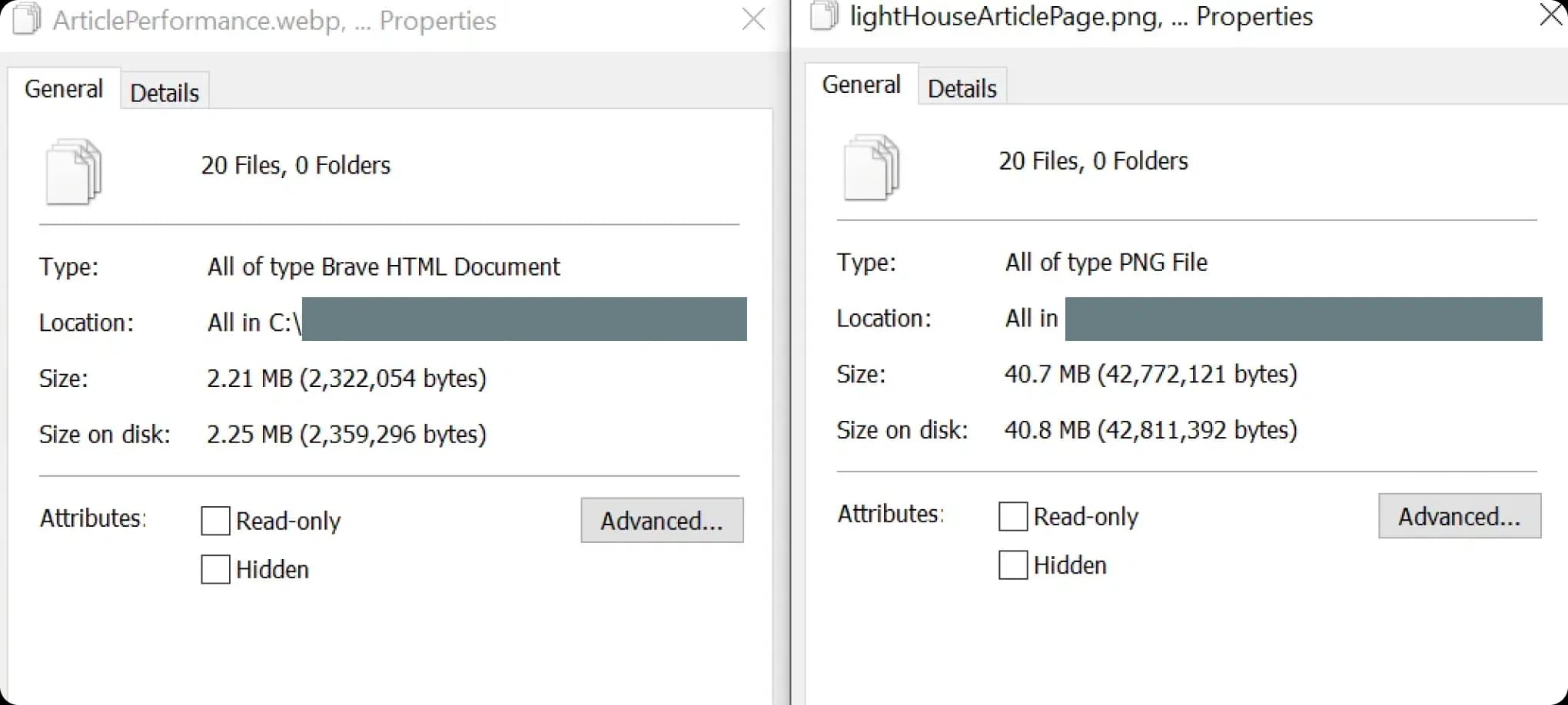 Two file bundles, one in PNG with 40.7MB in size, and the other in WebP showing 2.21MB