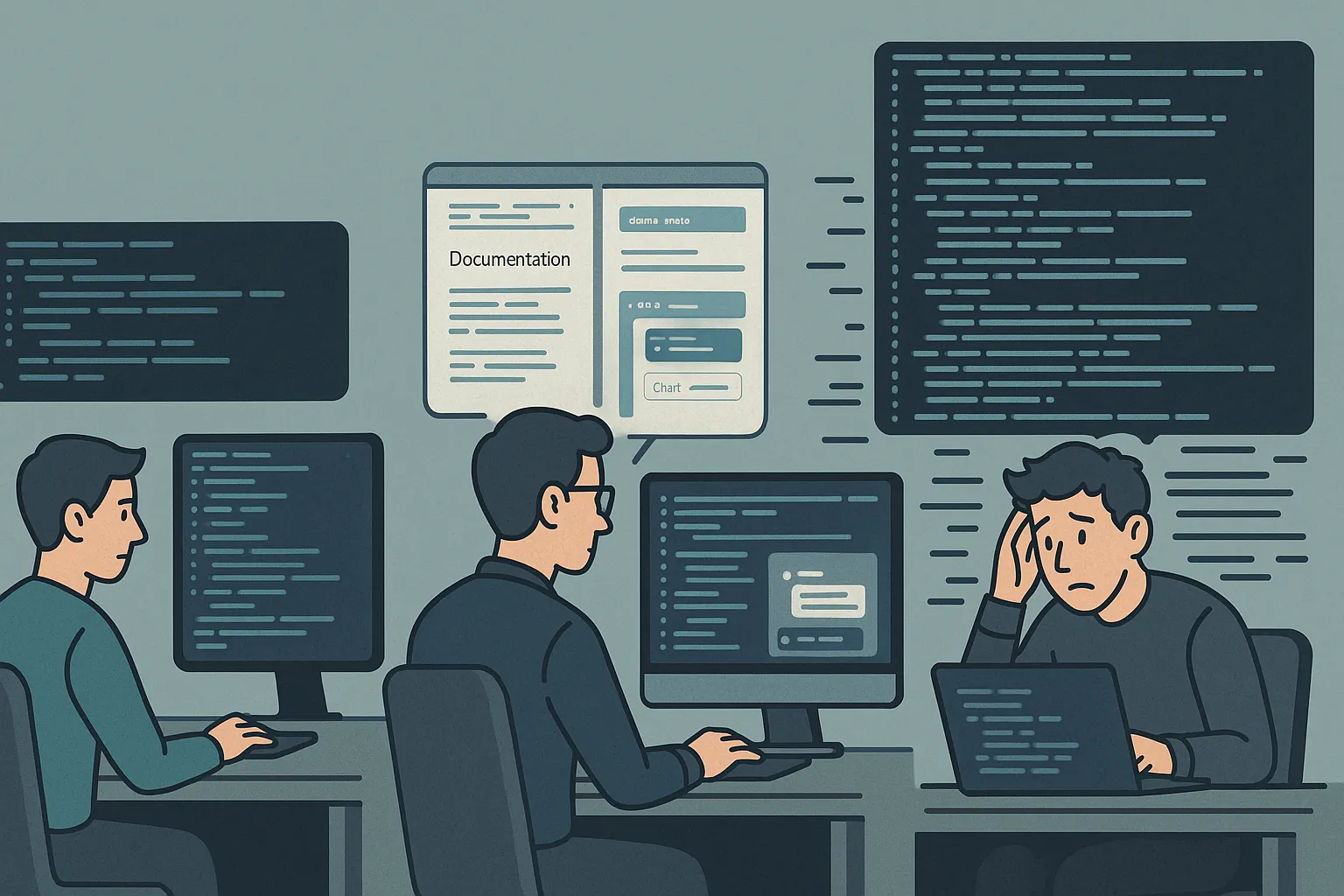 Three people programming, and the vibe coder is the only one not having fun.