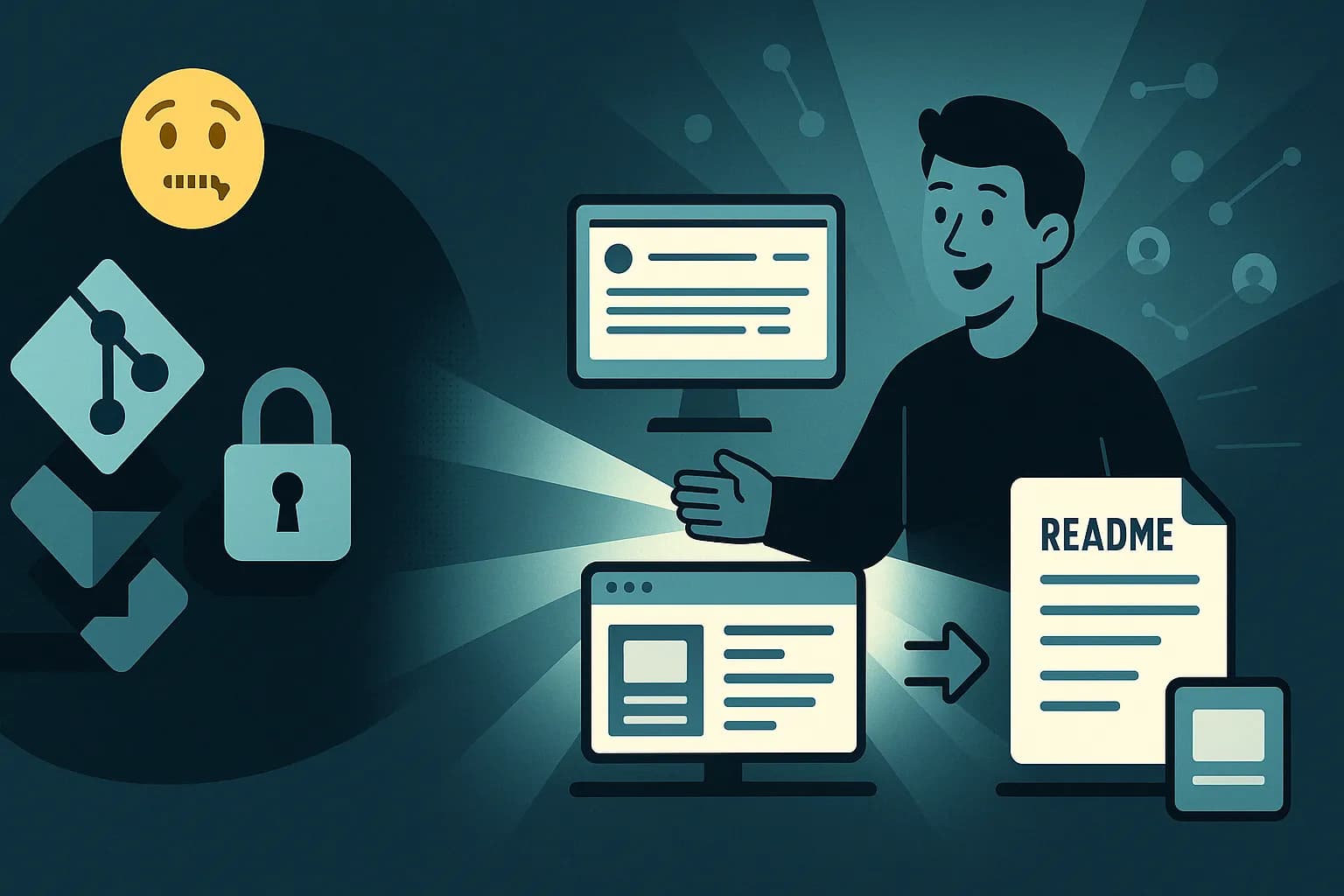 A man showing all of his work on computers, documents, etc., but a locked GitHub