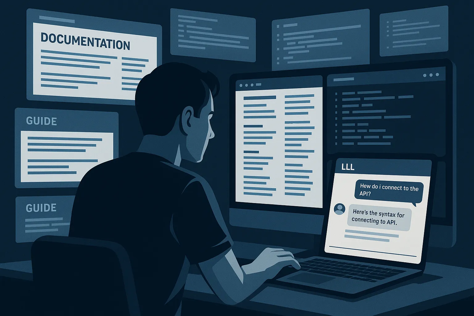 A man reading docs, programming, and chatting with an LLM.