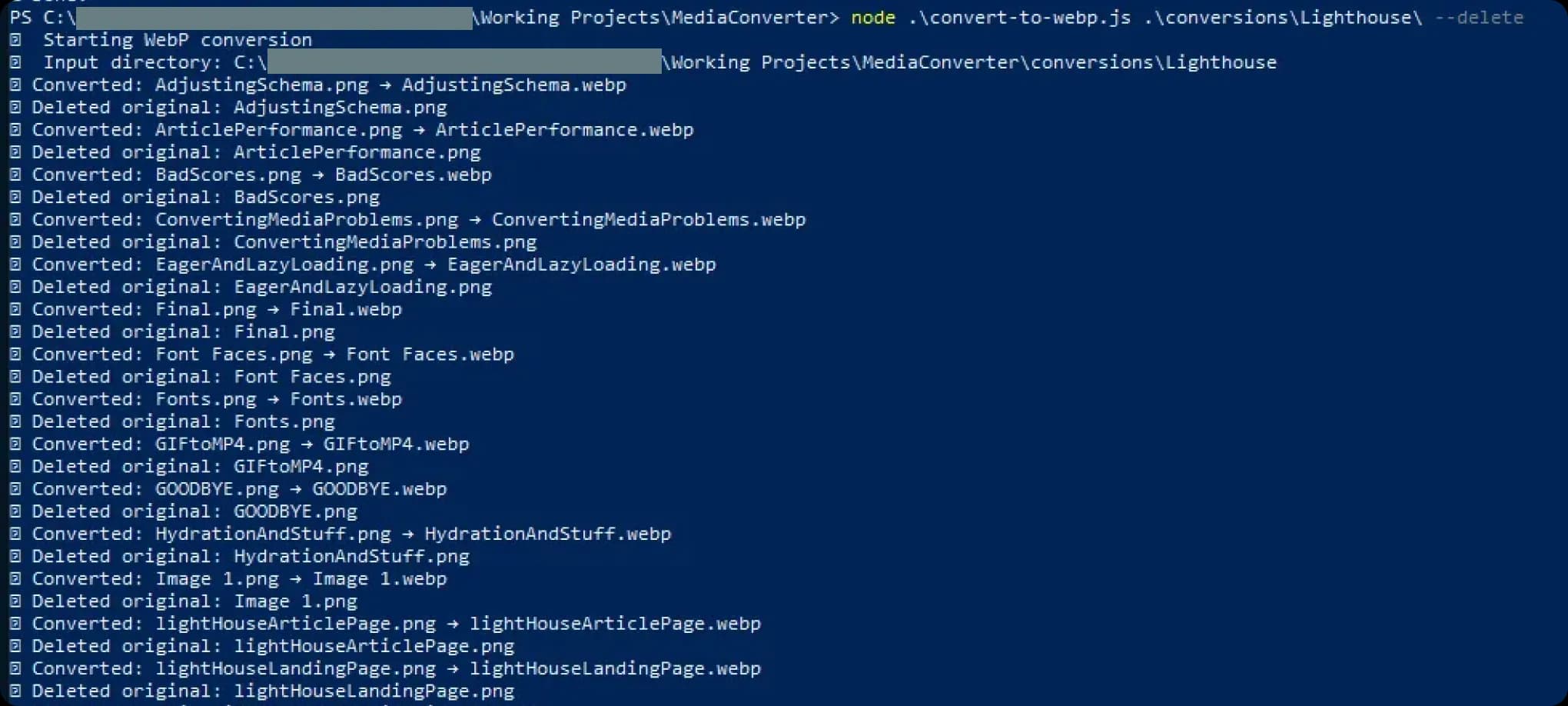 A shell script showing node running a conversion on media files