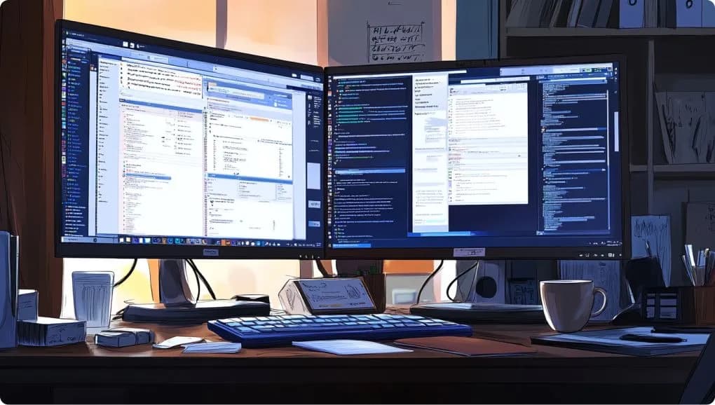 A desktop computer on a desk with two monitors that have very busy screens.