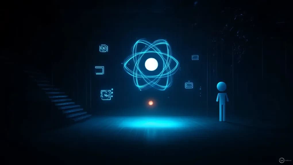 A dark room with React atom dimly lighting the surroundings.