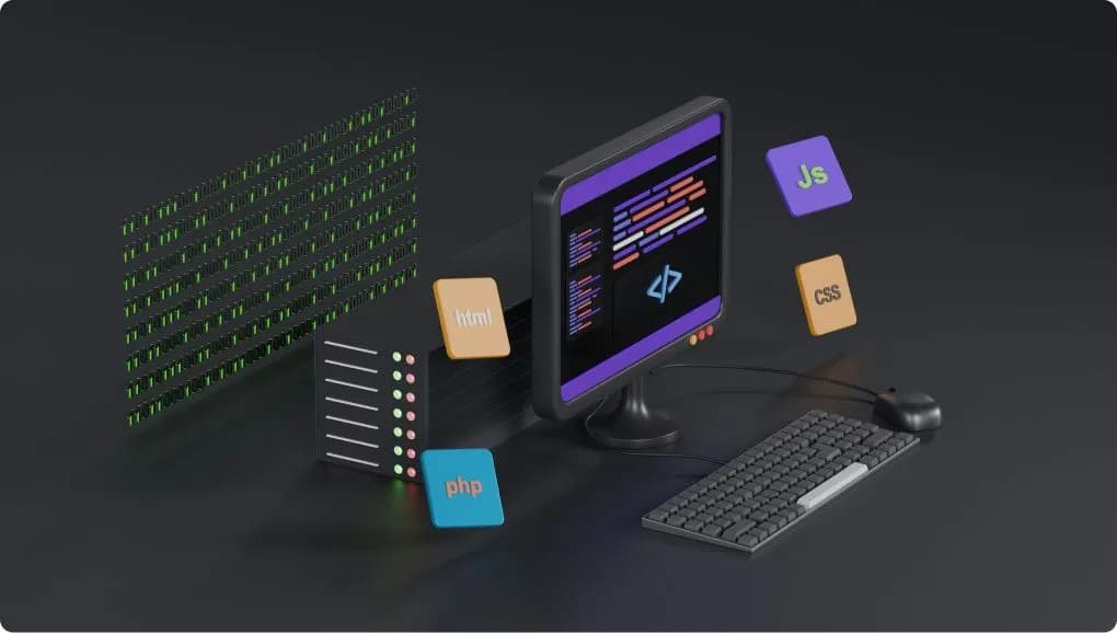 A computer with tiles floating around it saying "html," "php," "css," and "JS."