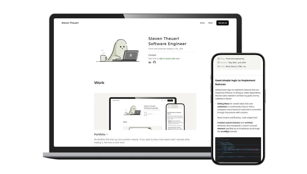 Desktop and Mobile renders of the portfolio site; steventheuerl.xyz
