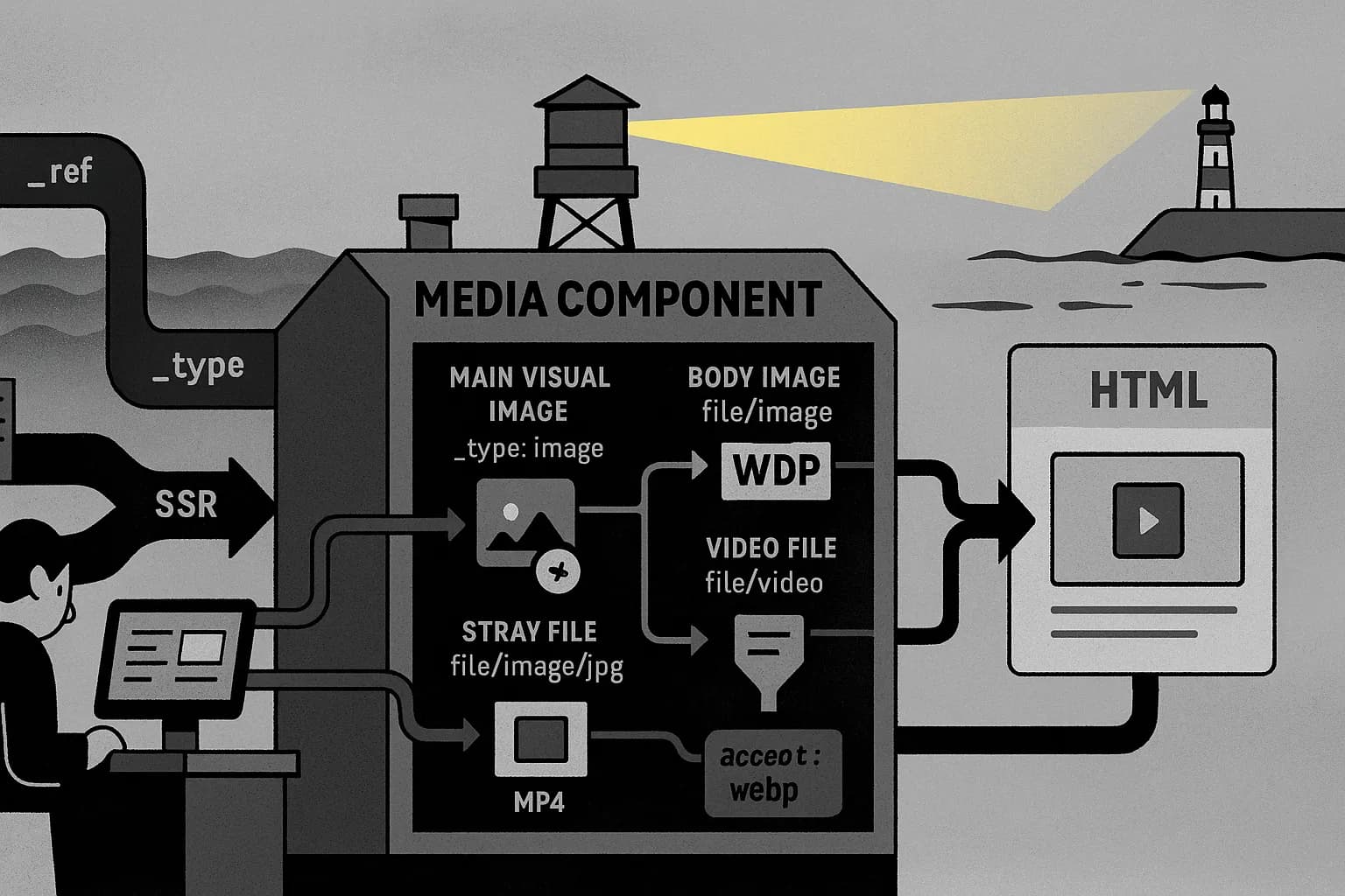 A stylized cartoon image of a complicated machine converting data to an HTML doc
