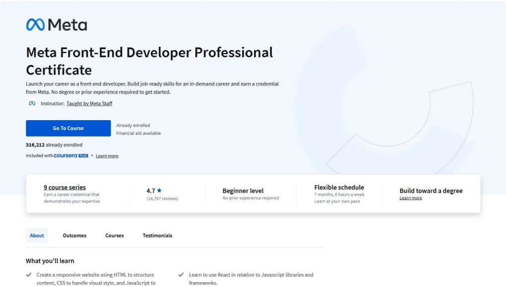 The main page from the Meta Front-End Deeloper Professional Certificate.