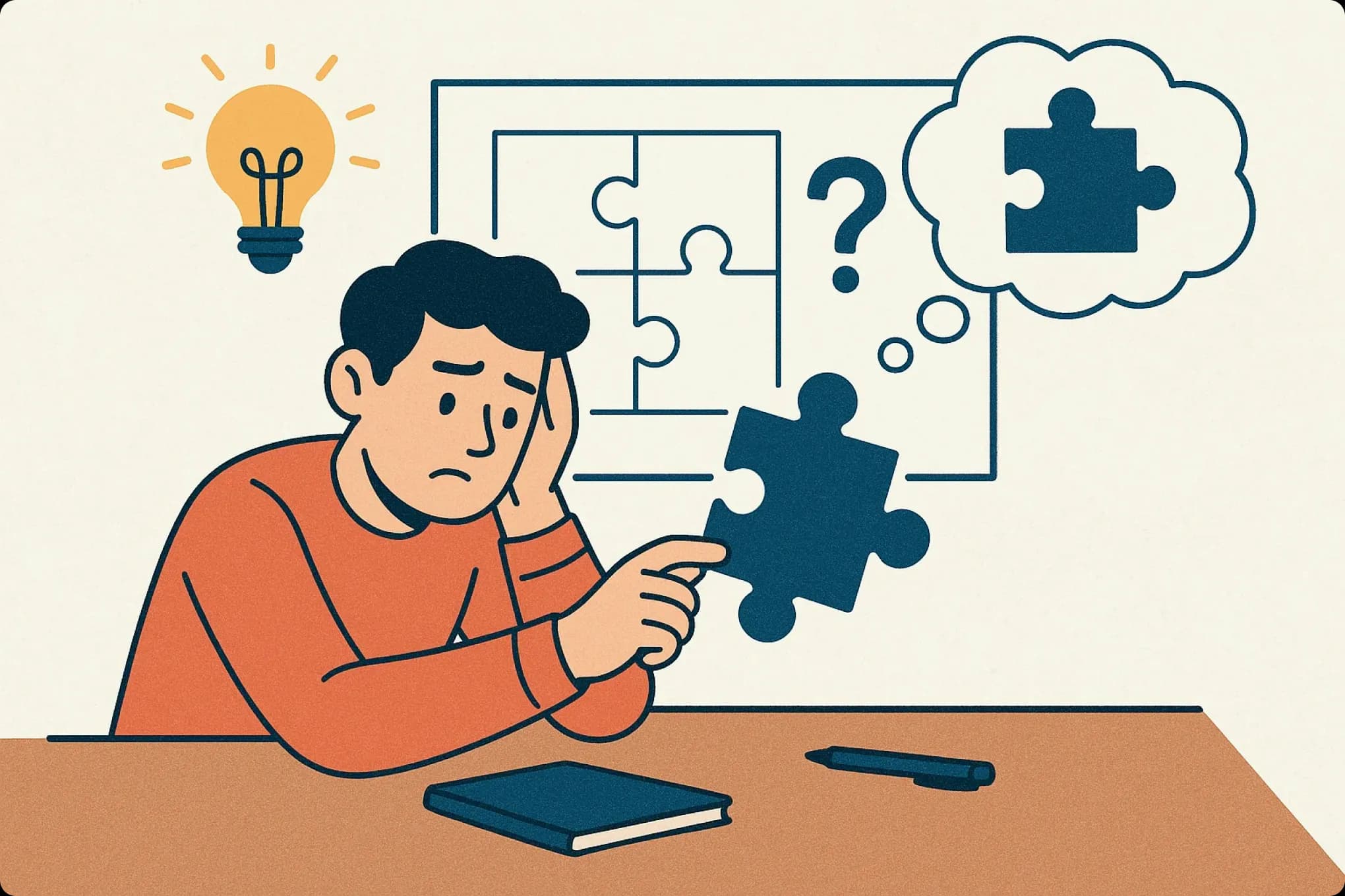 A cartoon of a man holding a puzzle piece that connect to 4 sides while he is working on a 4 piece puzzle.