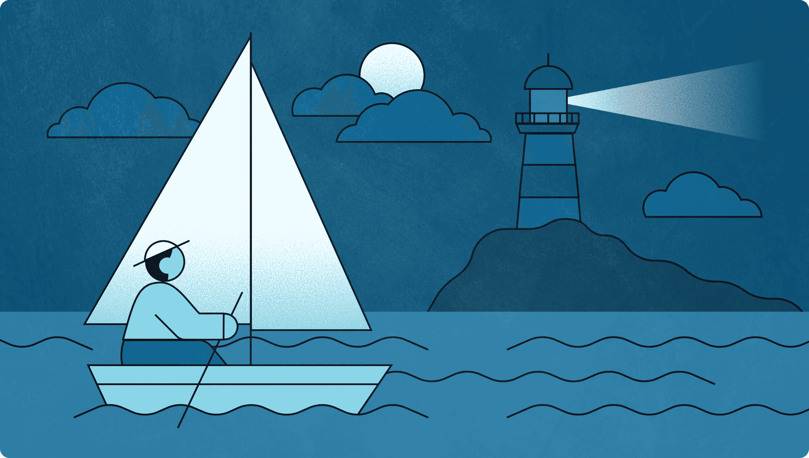 A man in a boat guided by a lighthouse in the ocean